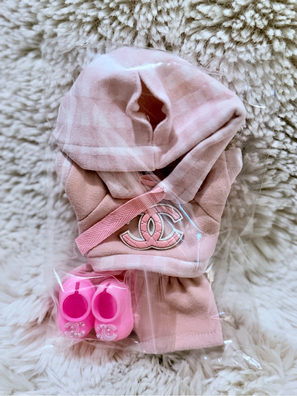 Pink Doll Outfit Set with Logo Detail, has hole for keychain ring